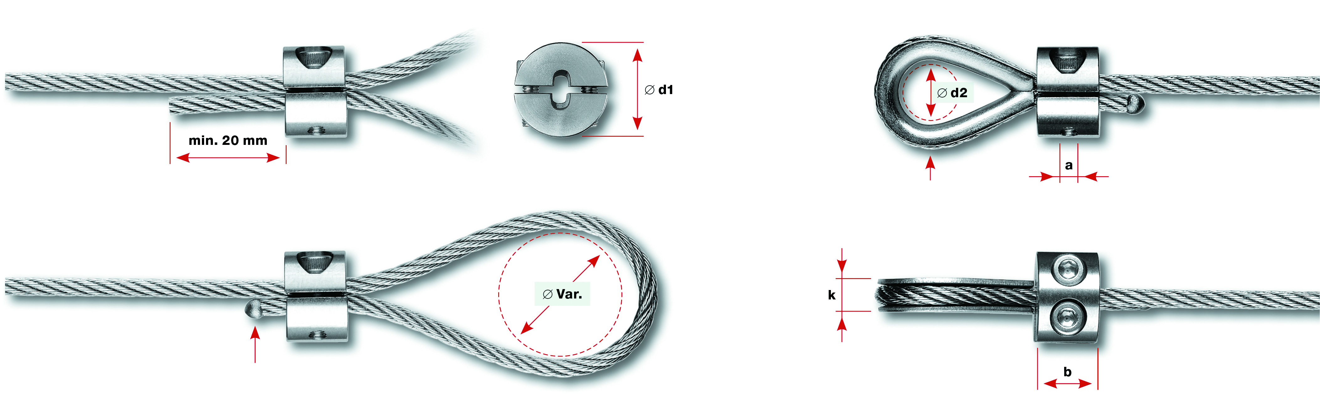 Schlaufenverschraubung leicht, für Seil 5mm mit Inox-Kausche AISI 316